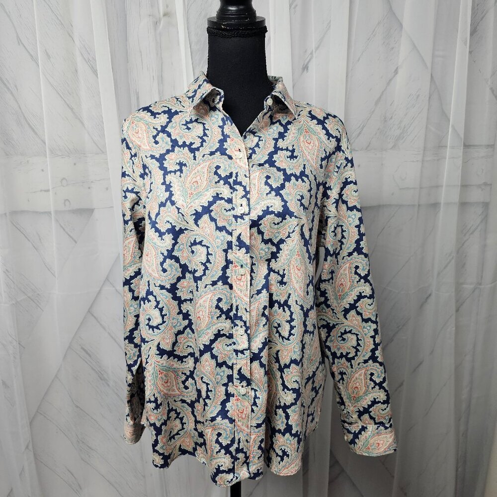 Chaps Navy Blue Pink Paisley Button-Down Long Sleeve Boho Blouse Size PXL